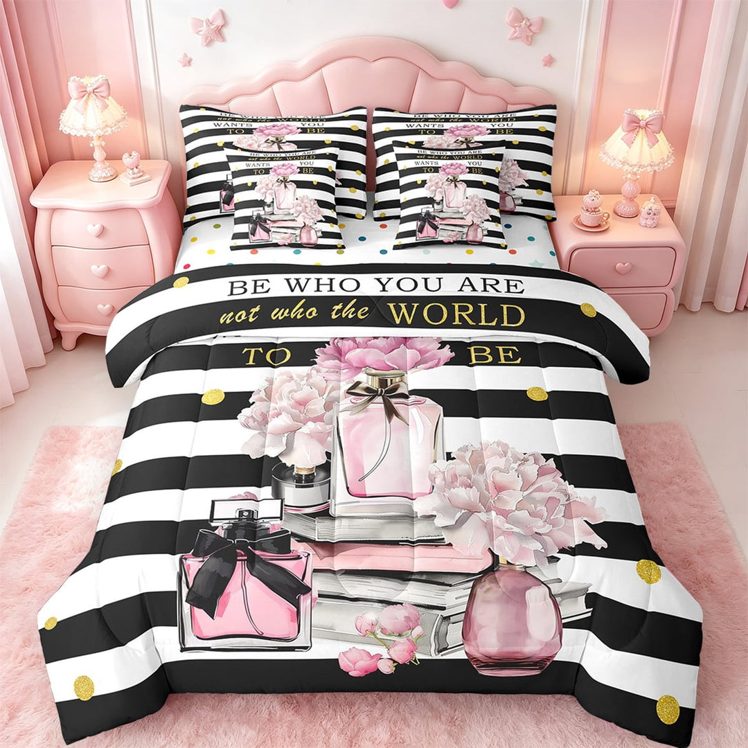 Erosebridal Girls Bags Perfume Bed in a Bag Twin Size,Chic Books Floral Bed Set,White Geometry Lines Bedding Twin Size,Microfiber Bedroom Decorative Reversible,7 Pieces