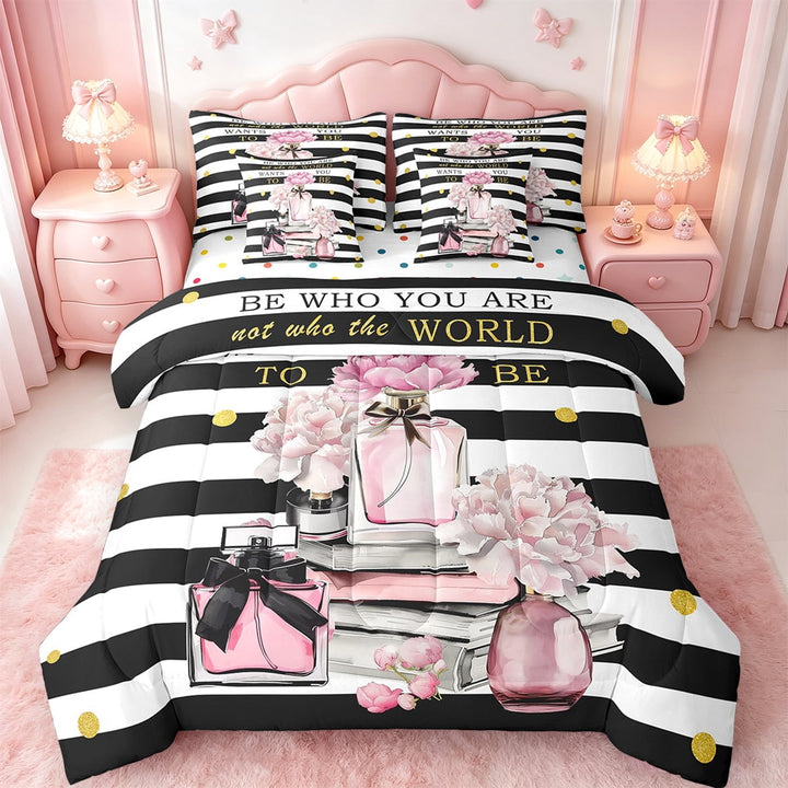 Erosebridal Girls Bags Perfume Bed in a Bag Twin Size,Chic Books Floral Bed Set,White Geometry Lines Bedding Twin Size,Microfiber Bedroom Decorative Reversible,7 Pieces