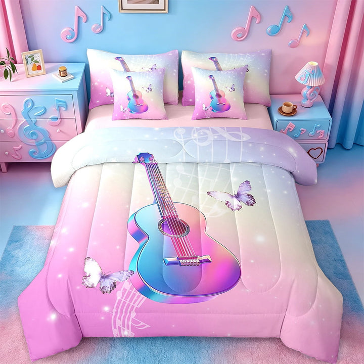 Erosebridal Music Guitar Bed in a Bag Twin Size,Modern Musical Bed Set,Gradient Butterfly Bedding Twin Size For Girls,Super Cozy Princess Room Decorative Reversible,7 Pieces