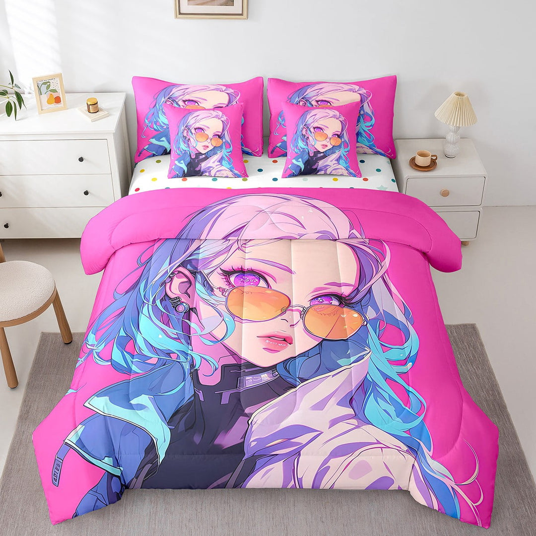 7Pcs Anime Bedding Sets Future Surrealism Comforter Queen, Cartoon Japanese Bedding Bed In A Bag(1 Comforter, 1 Flat Sheet 1 Fitted Sheet 2 Pillowcases 2 Throw Pillow Covers)