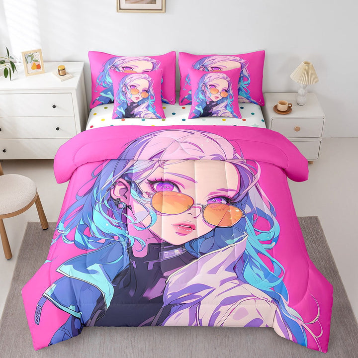 7Pcs Anime Bedding Sets Future Surrealism Comforter Queen, Cartoon Japanese Bedding Bed In A Bag(1 Comforter, 1 Flat Sheet 1 Fitted Sheet 2 Pillowcases 2 Throw Pillow Covers)