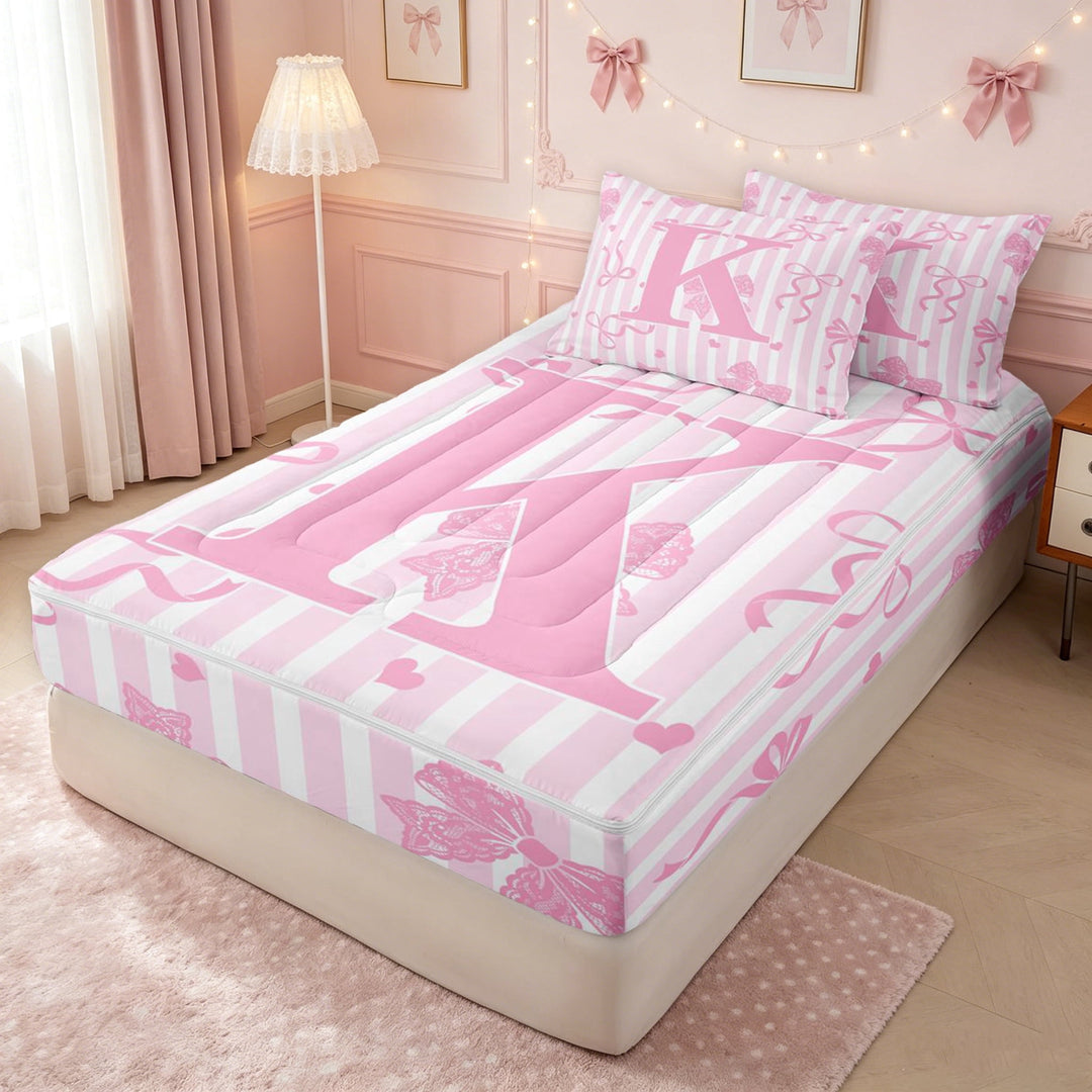meiyoeat Princess Bow Initial K Zipper Twin Comforter Sets with Fitted Sheet and 2 Pillowcases for Girls, Pink Stripe Lines Zipper Bedding Set, Pink Reversible, 4pcs