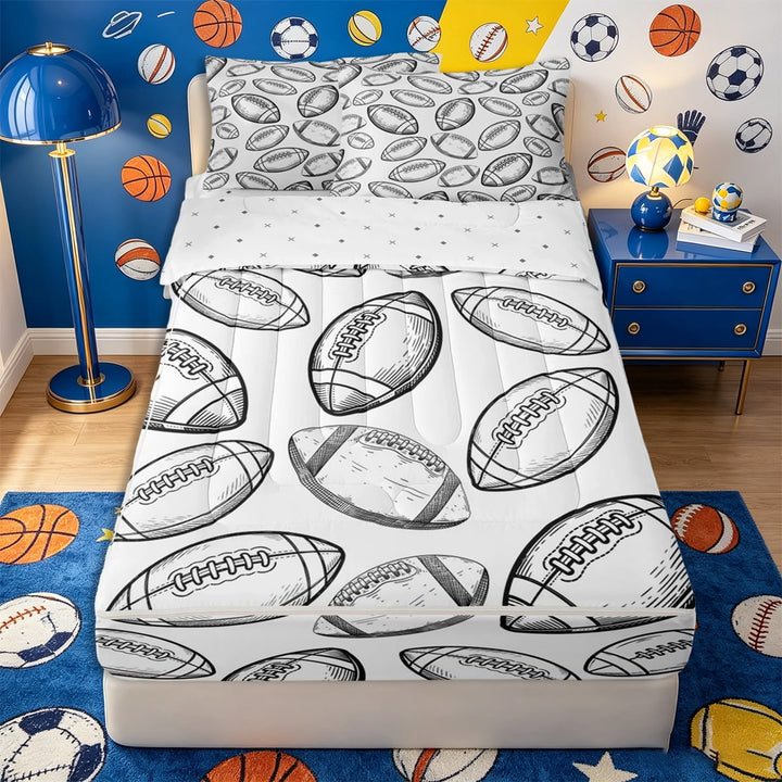 meiyoeat Football Print Zipper Full Size Comforter Sets with Fitted Sheet and 2 Pillowcases,Sport Theme Zipper Bedding Set,White Black,Reversible