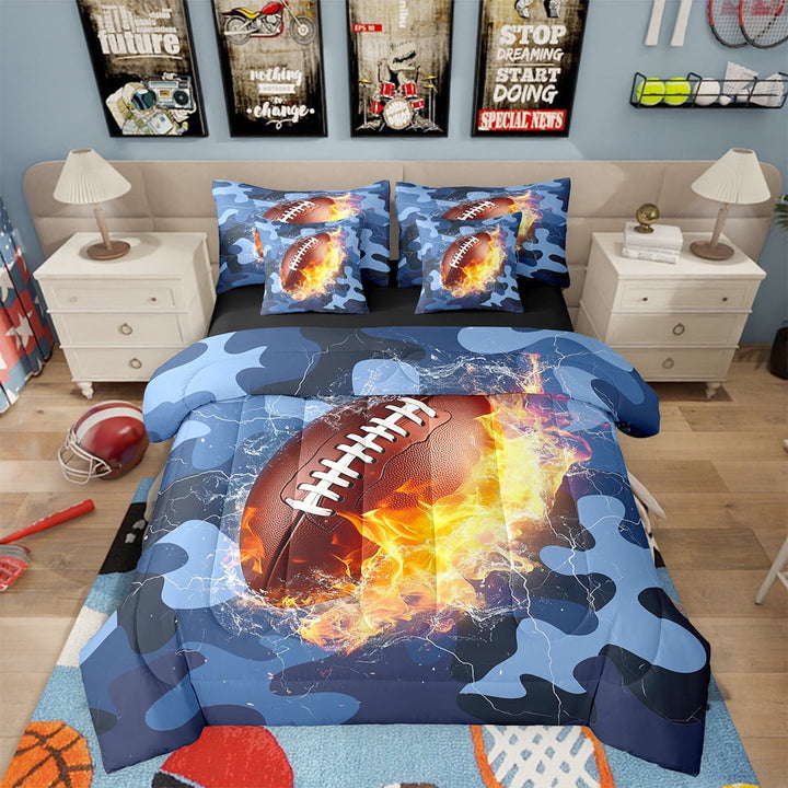 American Football Bedding Set Full,Camouflage 7 Pieces Bed In A Bag - 1 Sports Games Comforter 1 Modern Blue Camo Fitted Sheet,1 Ice And Fire Flat Sheet,2 Pillow Cases,2 Throw Pillow Covers
