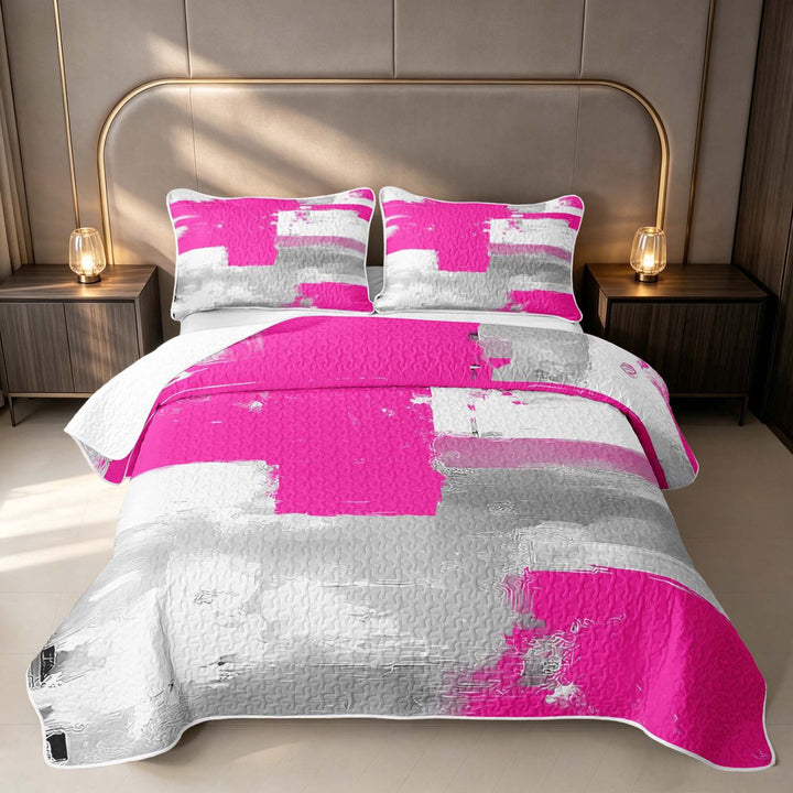 Erosebridal Minimalist Abstract Quilt King, Modern Contemporary King Coverlet Set, Hot Pink White Gray, Gray Reversible 3-Piece 1 Bedspread and 2 Pillowcases