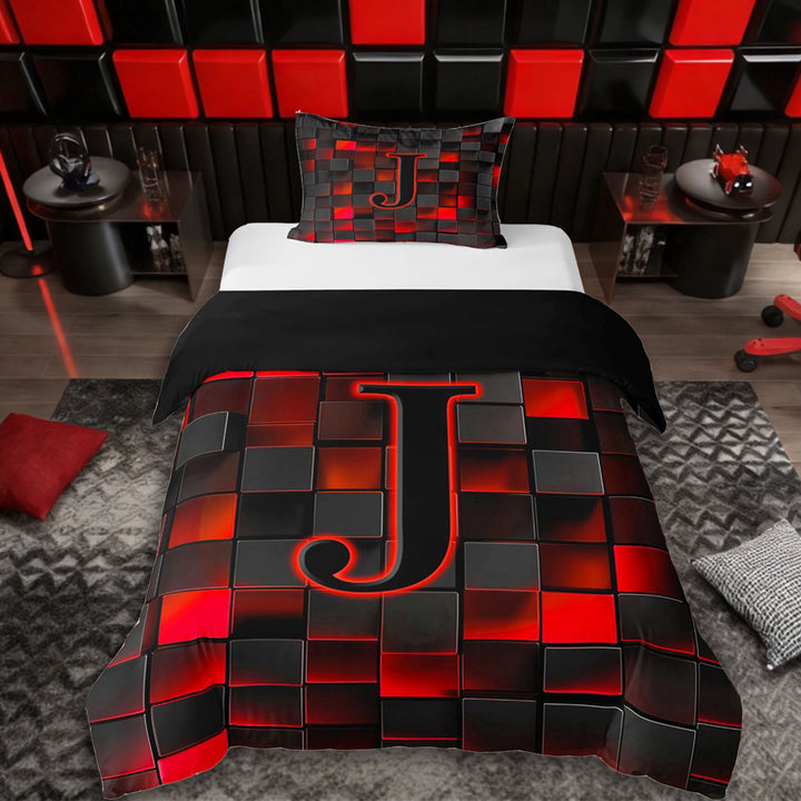 Erosebridal Teens Black Red Geometric Grid Twin Bedding,J Personalized Initial Duvet Cover Set For Boys Girls,Black Reversible,2pcs,No Comforter