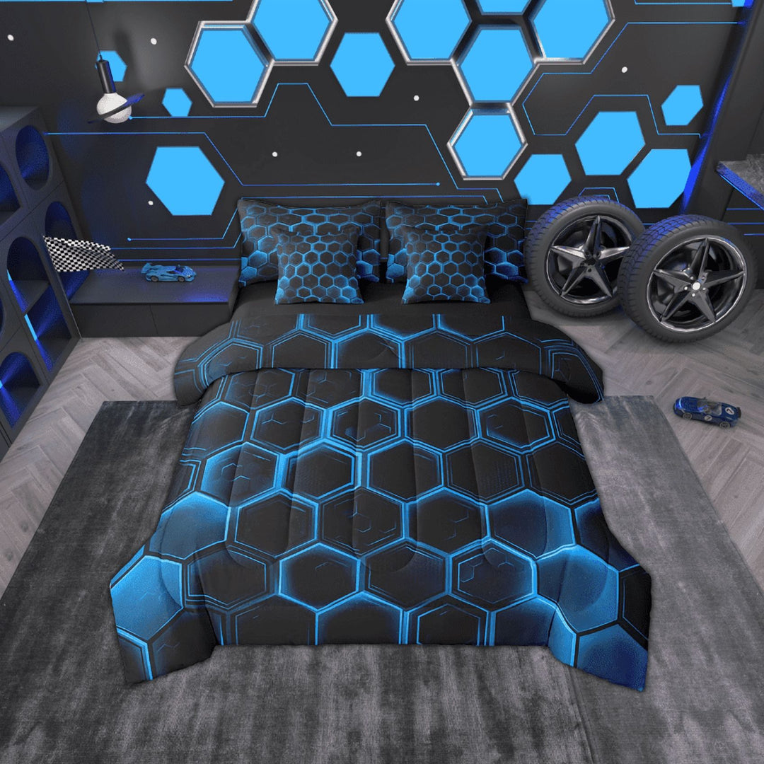 Erosebridal Black Blue Geometric Bed in a Bag Twin Size, Hexagon Honeycomb Bed Set, Reversible 7 Pieces