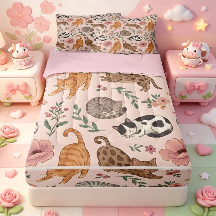 meiyoeat Floral Cat Pattern Zipper Twin Comforter Sets with Fitted Sheet and 2 Pillowcases,Pink Rustic Flower Zipper Bedding Set,Pink Reversible,4pcs