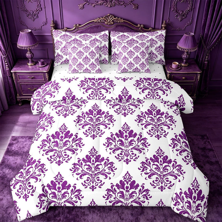 Erosebridal Gothic Floral Bedding Twin Size,Purple White Jacquard Comforter Sets with Sheets,Boho Bohemain Flower Bedding Sets Twin Size,Lightweight Room Decor Reversible,7pcs