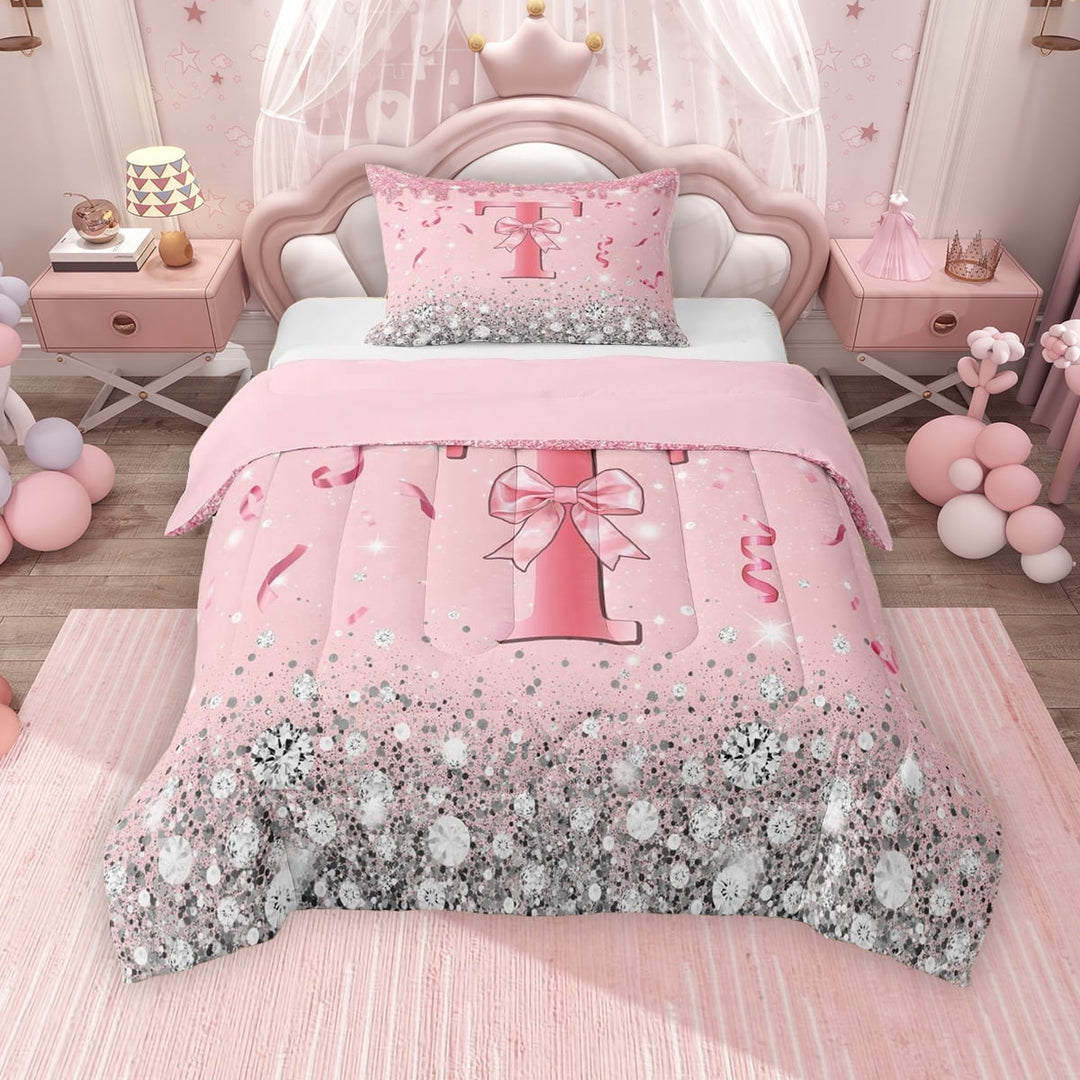 Erosebridal Dreamy Glitters Print Twin Comforter Sets for Girls, Pink Bling T Letter Bedding Set, Pink Reversible 2-Piece, 1 Comforter and 1 Pillowcase