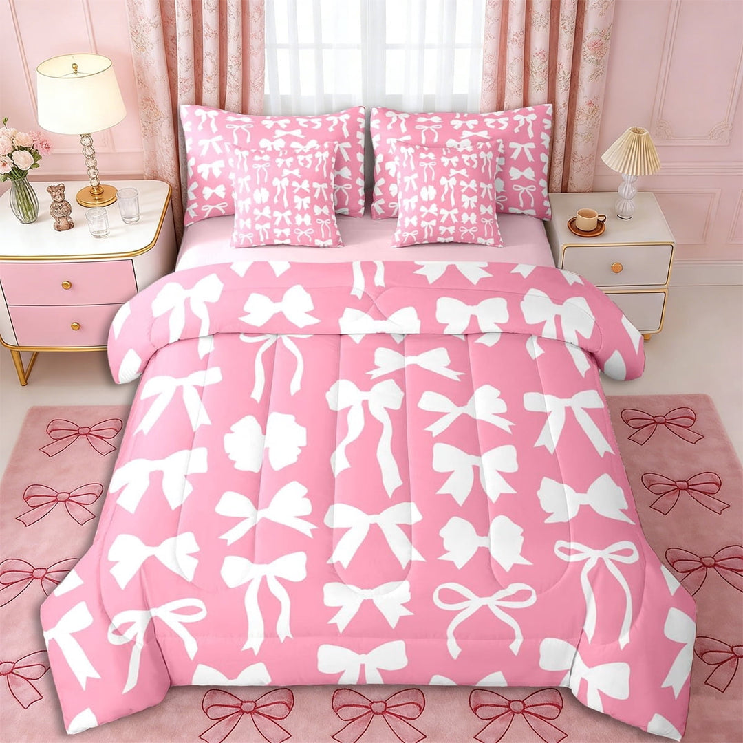 Erosebridal Girls Cartoon Bowknot Twin Bedding Sets 7-Piece,Dreamy Princess Bow Bedding Comforter Set for Teens Women,Pink Reversible,Breathable Home Decor