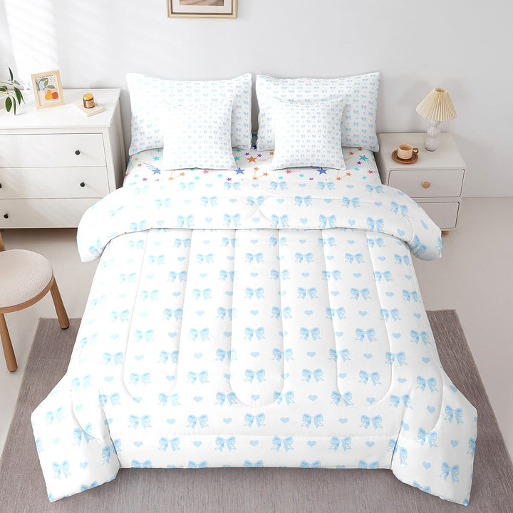 Erosebridal Ribbon Bowknot Bowtie Bedding Twin Size,Heart Love Print Comforter Sets with Sheets,Blue White Bedding Sets Twin Size For Girl,Breathable Bedroom Decor Reversible,7pcs