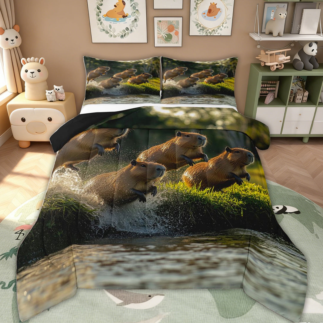 Erosebridal Rustic Capybara Kids Queen Comforter Set, Jungle Roment Animals Bedding Comforter Set, 3pcs