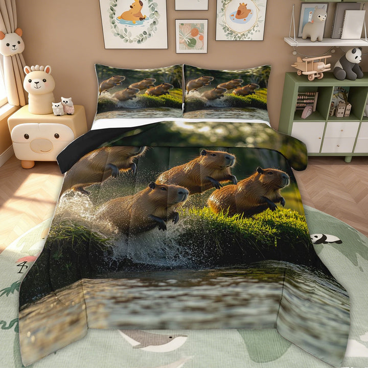 Erosebridal Rustic Capybara Kids Queen Comforter Set, Jungle Roment Animals Bedding Comforter Set, 3pcs