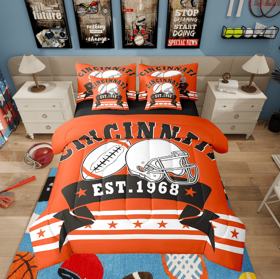7Pcs Football Bedding, American Football Comforter Set Full Size, Football Team Bed Set - 1 Comforter, 1 Flat Sheet 1 Fitted Sheet 2 Pillowcases 2 Throw Pillow Covers (Cincinnati)