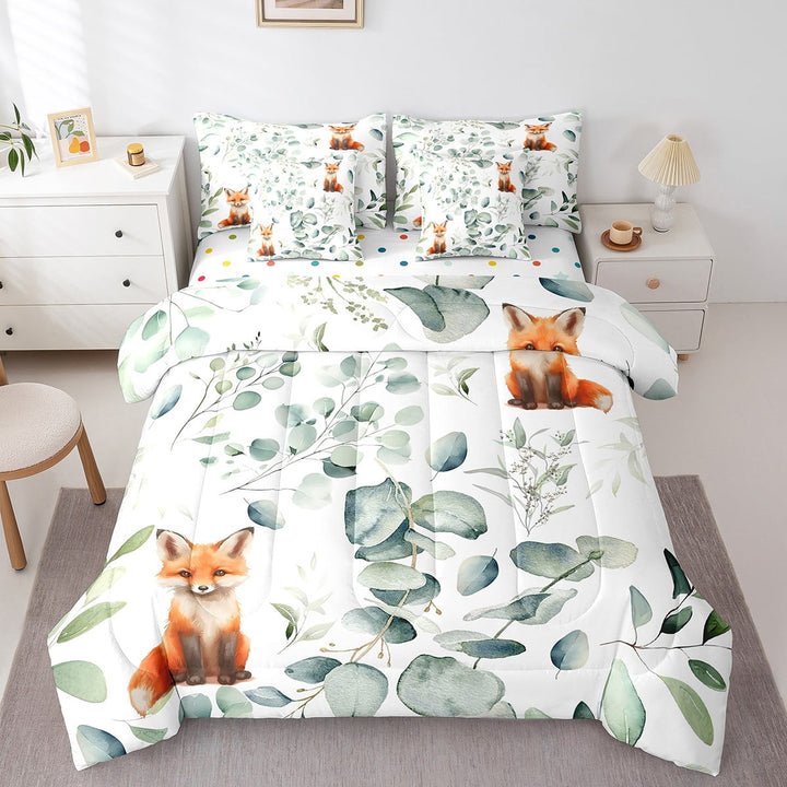 7-Piece Cartoon Animal Bedding Twin Kawaii Fox Comforter Set, Woodland Wildlife Bedding Comforter Sets Jungle Wild Fox Bed in a Bag, Botanical Green Eucalyptus Bedding Accessories