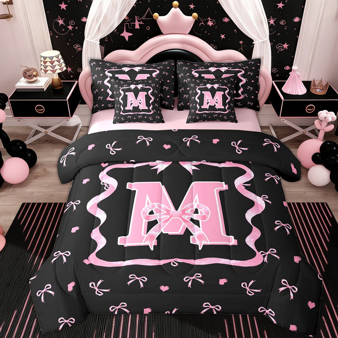Erosebridal Black Pink Bow Twin Bedding Sets 7-Piece for Girls, Cartoon Letter M Bedding Comforter Set