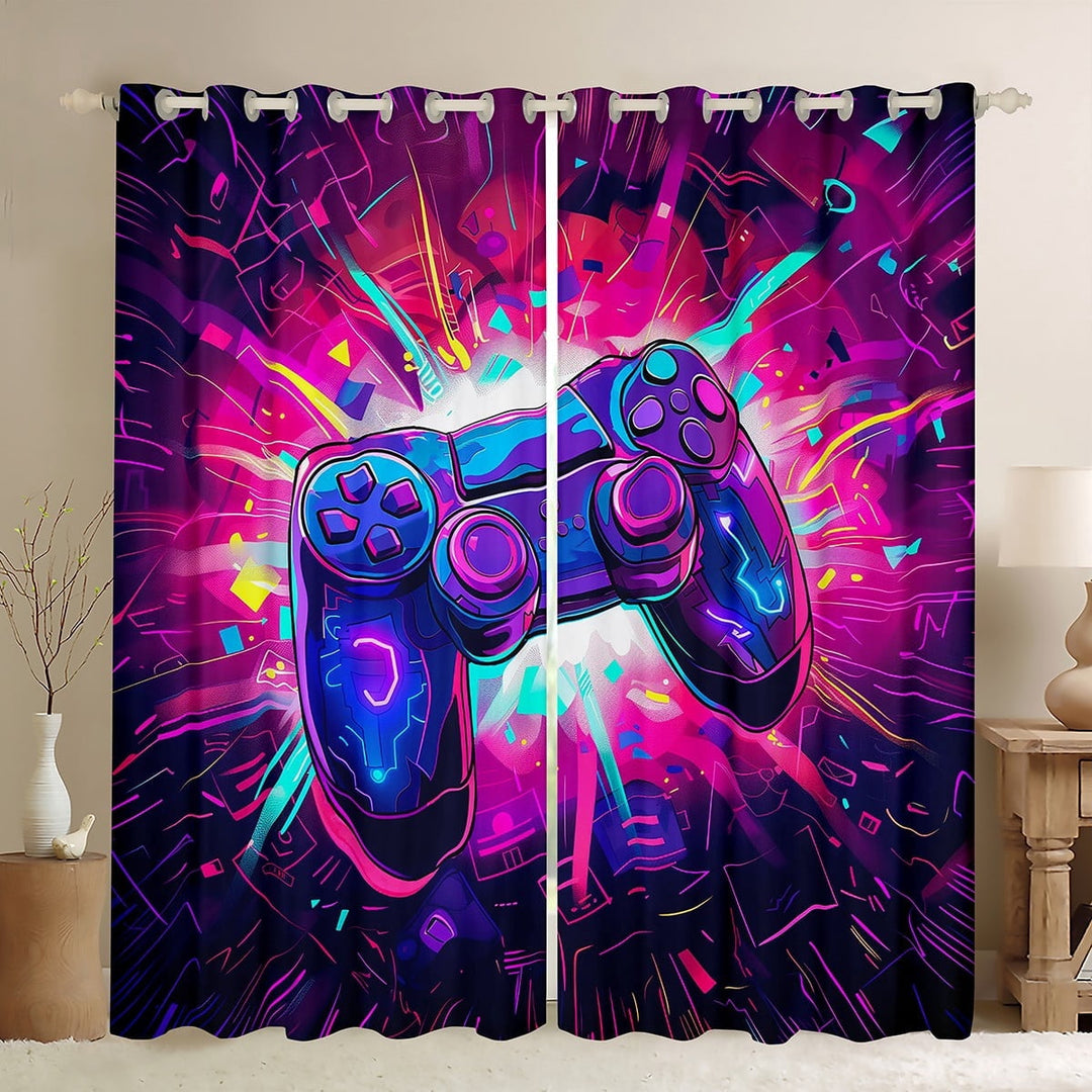 Manfei Teens Gamer Gaming Black Out Curtains, Neon Gradient Geometric Curtains Pack of 2 (42x63 Each), Game Console Print Bedroom Curtains, Luxury Room Decor