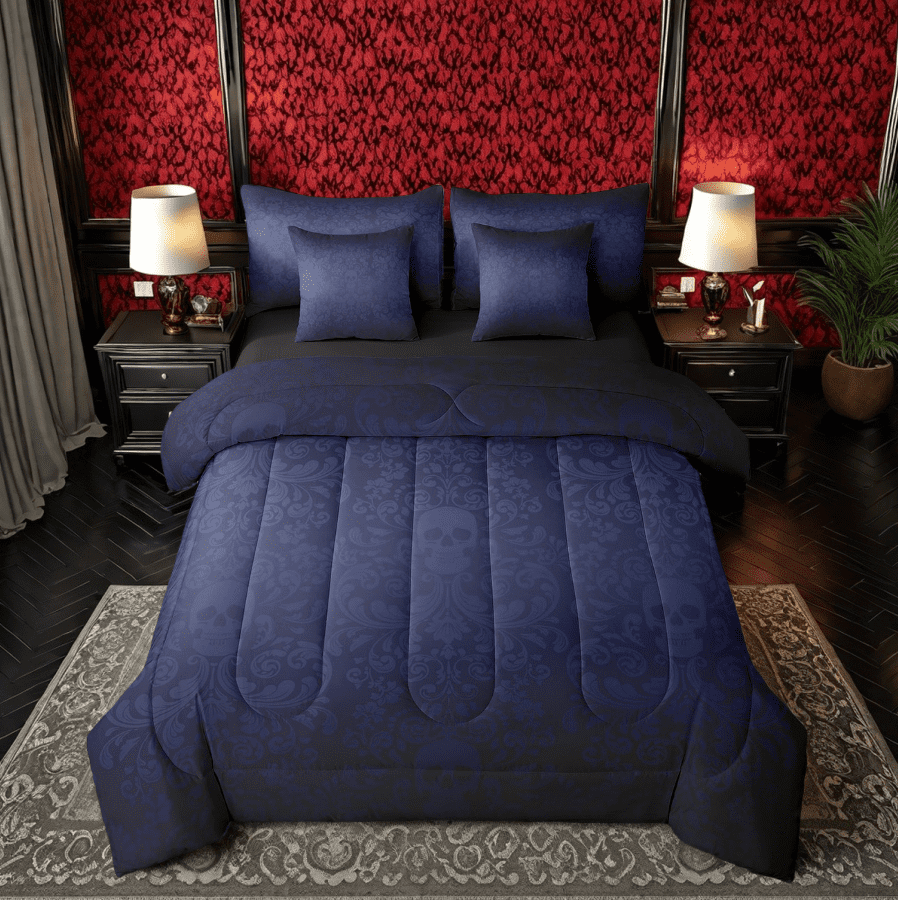 Damask Gothic Bedding Set Adults Antique Victorian Bed in a Bag King Size Comforter Set 7 Pieces,Black and Blue Sugar Skull Sheet Set Vintage Floral Goth Bed Set,Exotic Bone Skeleton Bohemian Decor
