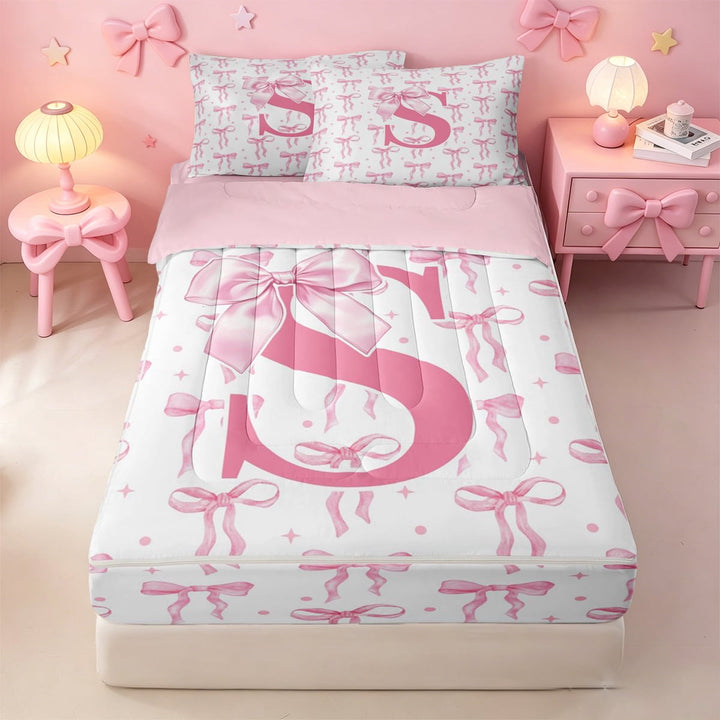 meiyoeat Kawaii Bowknot Initial S Zipper Full Size Comforter Sets with Fitted Sheet and 2 Pillowcases For Girls,Pink Personalized Monogram Print Zipper Bedding Set For Kids,pink Reversible,4-Piece