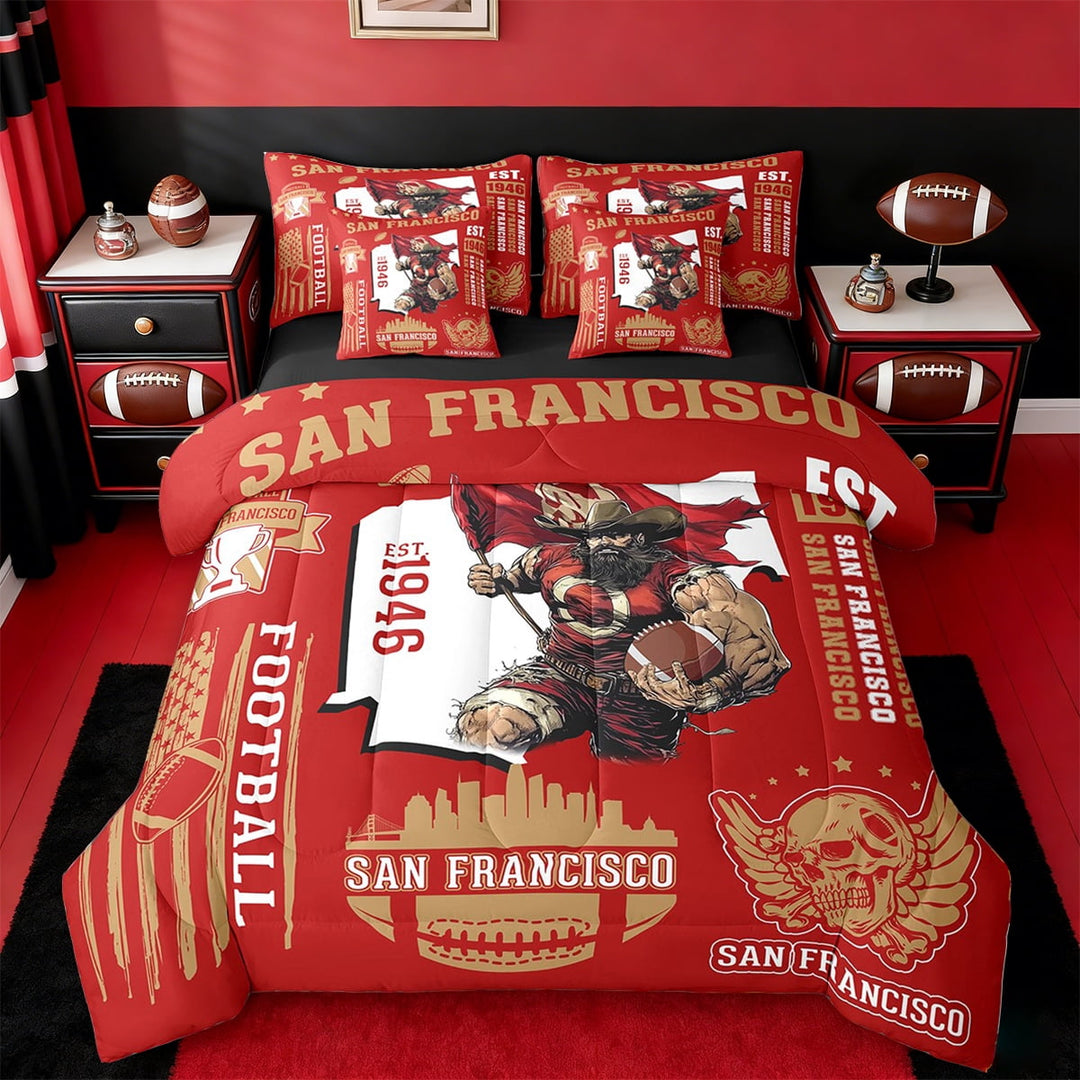 Erosebridal Classic Rugby Sports Bedding Twin Size,American Football Team Comforter Sets with Sheets,Ball Game City San Francisco, Microfiber Bedroom Decorative Reversible,7pcs