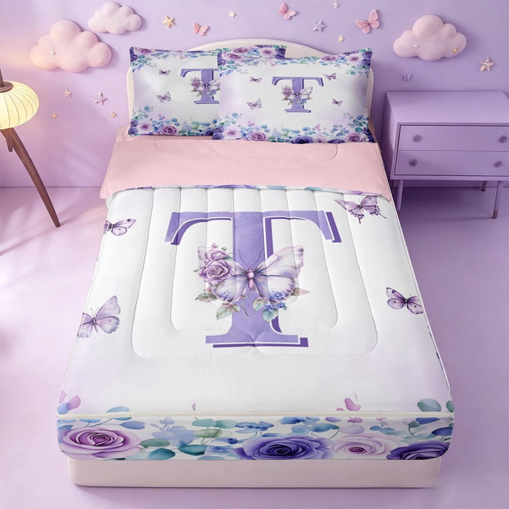 meiyoeat Purple Butterfly Flower Zipper Full Size Comforter Sets with Fitted Sheet and 2 Pillowcases For Girls,Monogram T Initial Art Zipper Bedding Set,Pink Reversible,4pcs