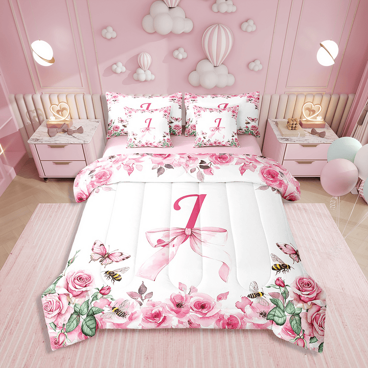 Erosebridal Initial Letter Bedding 7PCS Twin Size Comforter Sets Bowknot Alphabet A-Z Bed in a Bag,1 Comforter,1 Flat Sheet,1 Fitted Sheet,2 Pillowcases,2 Throw Pillow Covers
