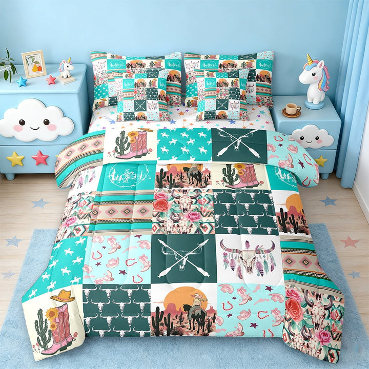 Erosebridal cowgirl bull skull Bedding Sets Twin Size,Rustic Farmhouse Cabin Comforter Sets with Sheets,cyan geometric plaid Bed in a Bag Twin Size For Girls,Bedroom Decor Reversible,7-Piece