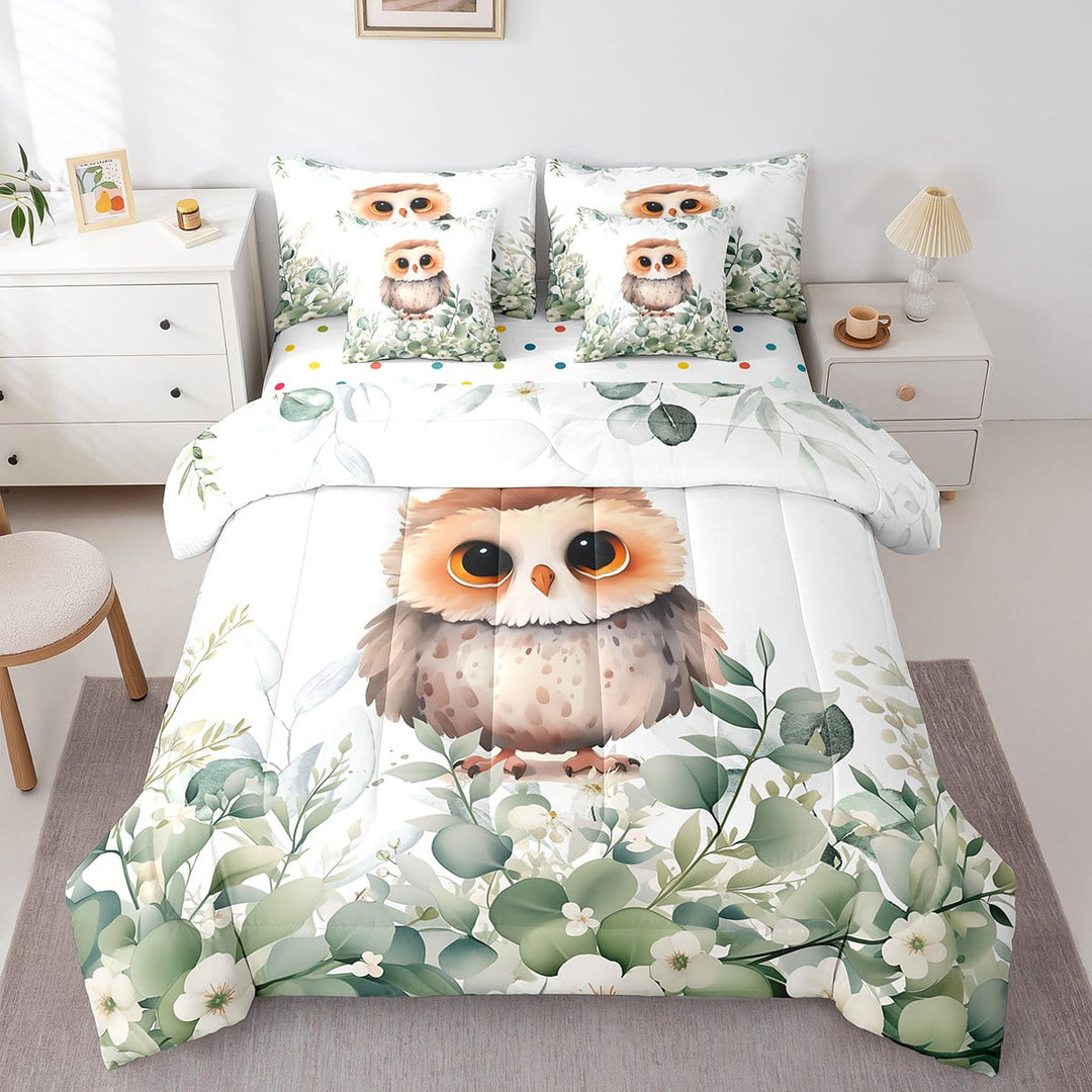 Cute Animal Bed in a Bag 7-Piece Cartoon Owl Bedding Set, Spring Eucalyptus Twin Comforter Set Watercolor Leaves Bedding Comforter Sets, Kawaii Jungle Animal Bed Set