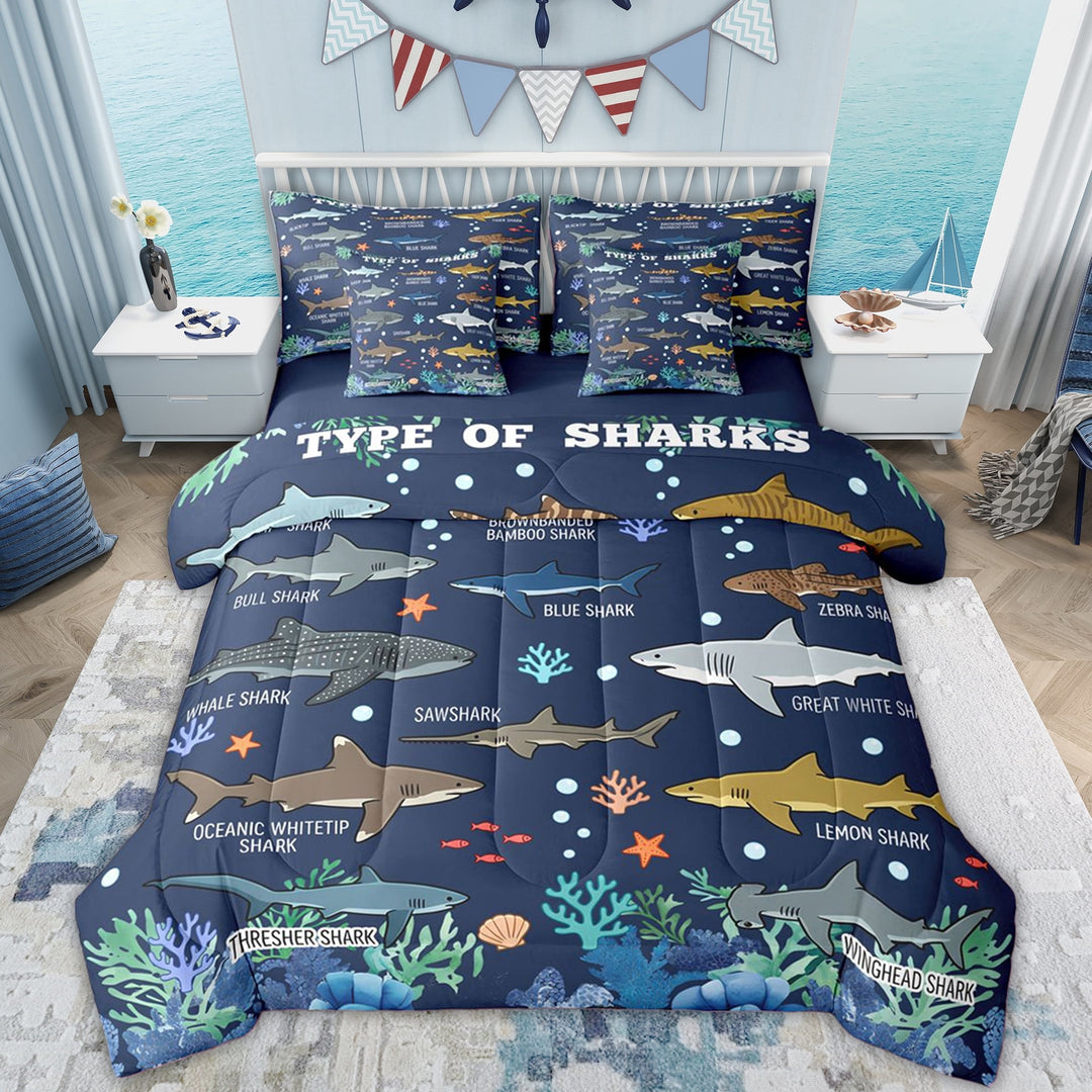 Erosebridal Kids Cartoon Ocean Fish Twin Bedding Sets, Cute Shark Lover Bedding Comforter Set, Blue Reversible, 7pcs