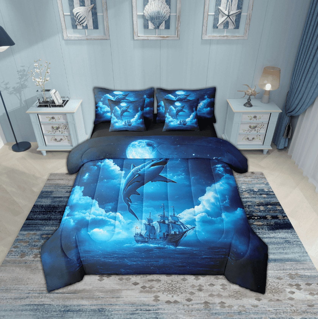Erosebridal Marine Shark Bedding Sets Twin Size,Nautical Boat Comforter Sets with Sheets,Breathable Reversible Bed in a Bag Twin size,Ocean Theme Decor,7pcs