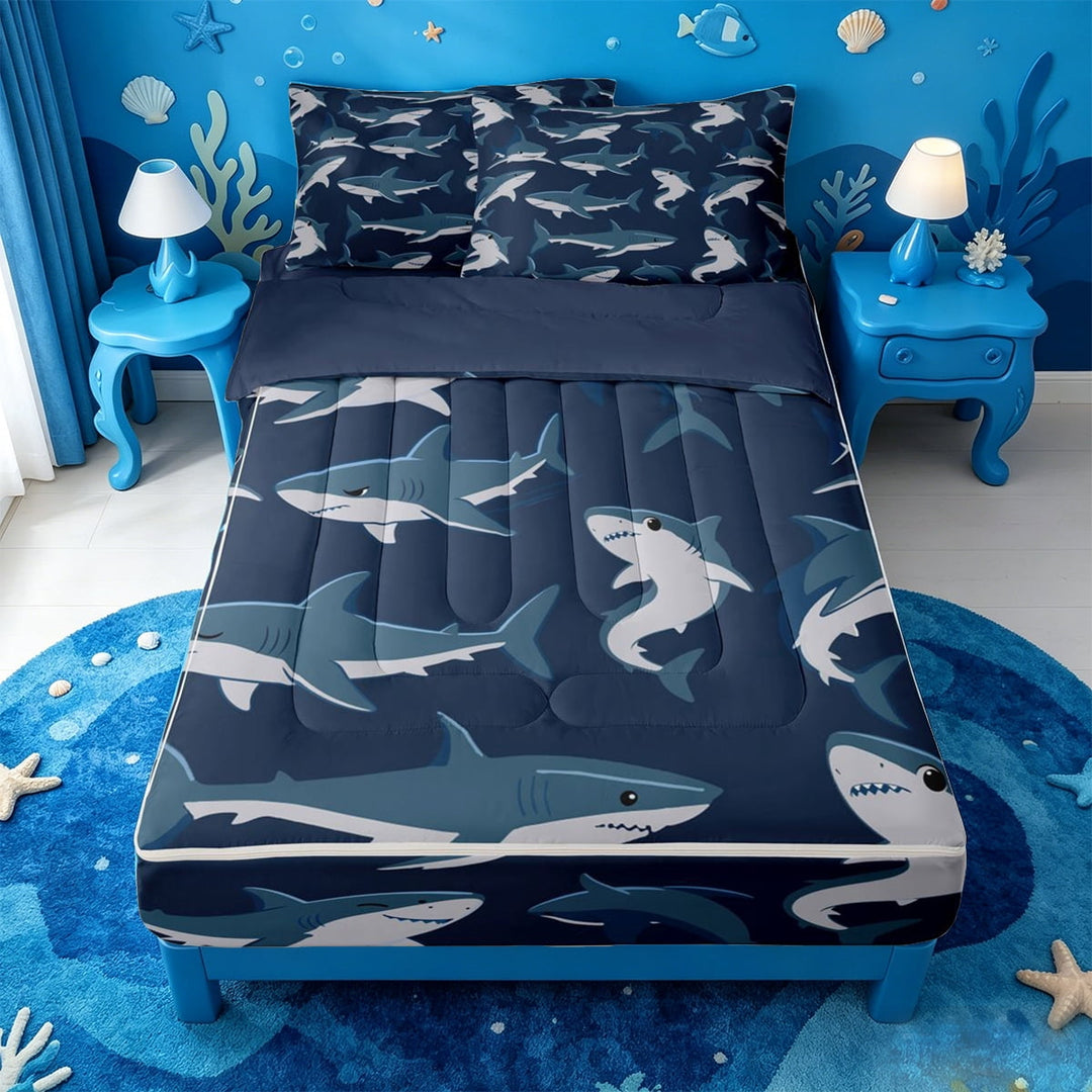 meiyoeat Sea Animal Shark Zipper Twin Comforter Sets with Fitted Sheet and 2 Pillowcases For Boys,Ocean Wildlife Print Zipper Bedding Set For Kids,Navy Blue Reversible,4 Pieces