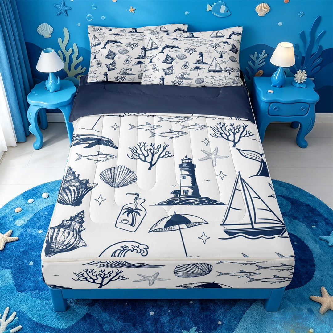 meiyoeat Sea Navigation Theme Zipper Twin Comforter Sets with Fitted Sheet and 2 Pillowcases For Boys,Ocean Lighthouse Cute Whale Zipper Bedding Set,Reversible,4 Pieces