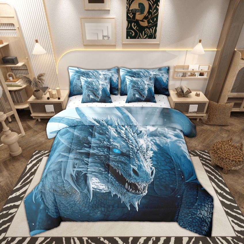 7Pcs 3D Dragon Comforter Sets &amp; Collections Ice Dragon Twin Size Bedding Sets 3D Blue Dragon Comforter with Sheets, Mysterious Wildlife Style Quilt Comforter Set Bed in a Bag 7-Piece
