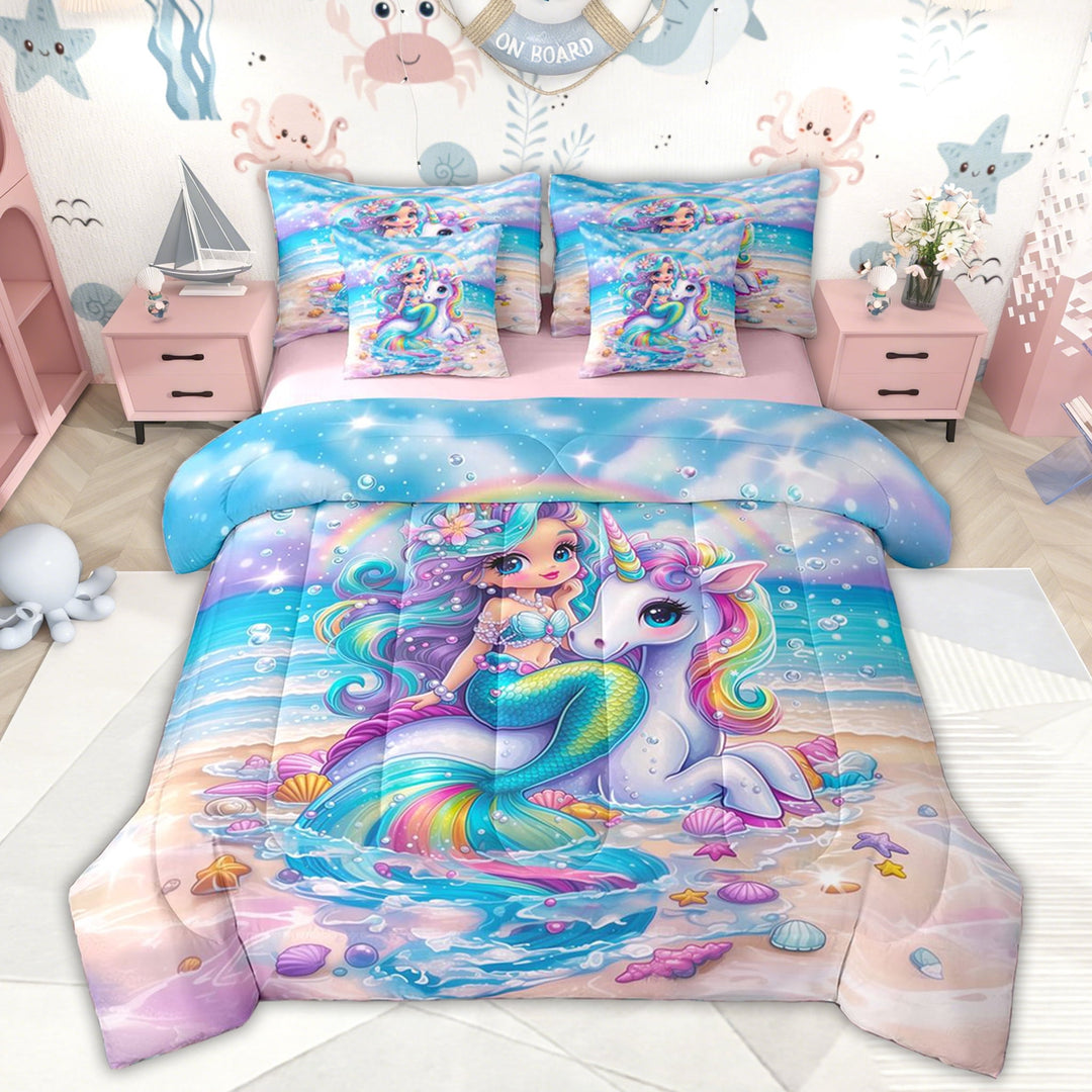 Erosebridal Girls Mermaid Princess Bedding Comforter Set, Magic Unicorn Full Bedding Set, Pink Reversible, 7 Pieces