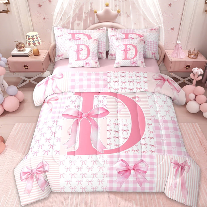 Erosebridal Girl Bowtie Personalized Gifts 7-Piece Twin Bedding Sets,Modern Geometric Grid Alphabet D Bedding Comforter Set For Kids,Pink Reversible
