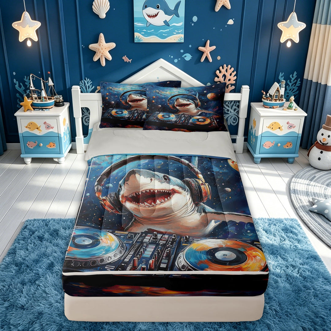 meiyoeat Music Shark Zipper Comforter Set with Fitted Sheet and 2 Pillowcases for Kids Boys Girls, Galaxy Star Space Animal Zipper Bedding Set, Blue, Grey Reversible, 3-Piece