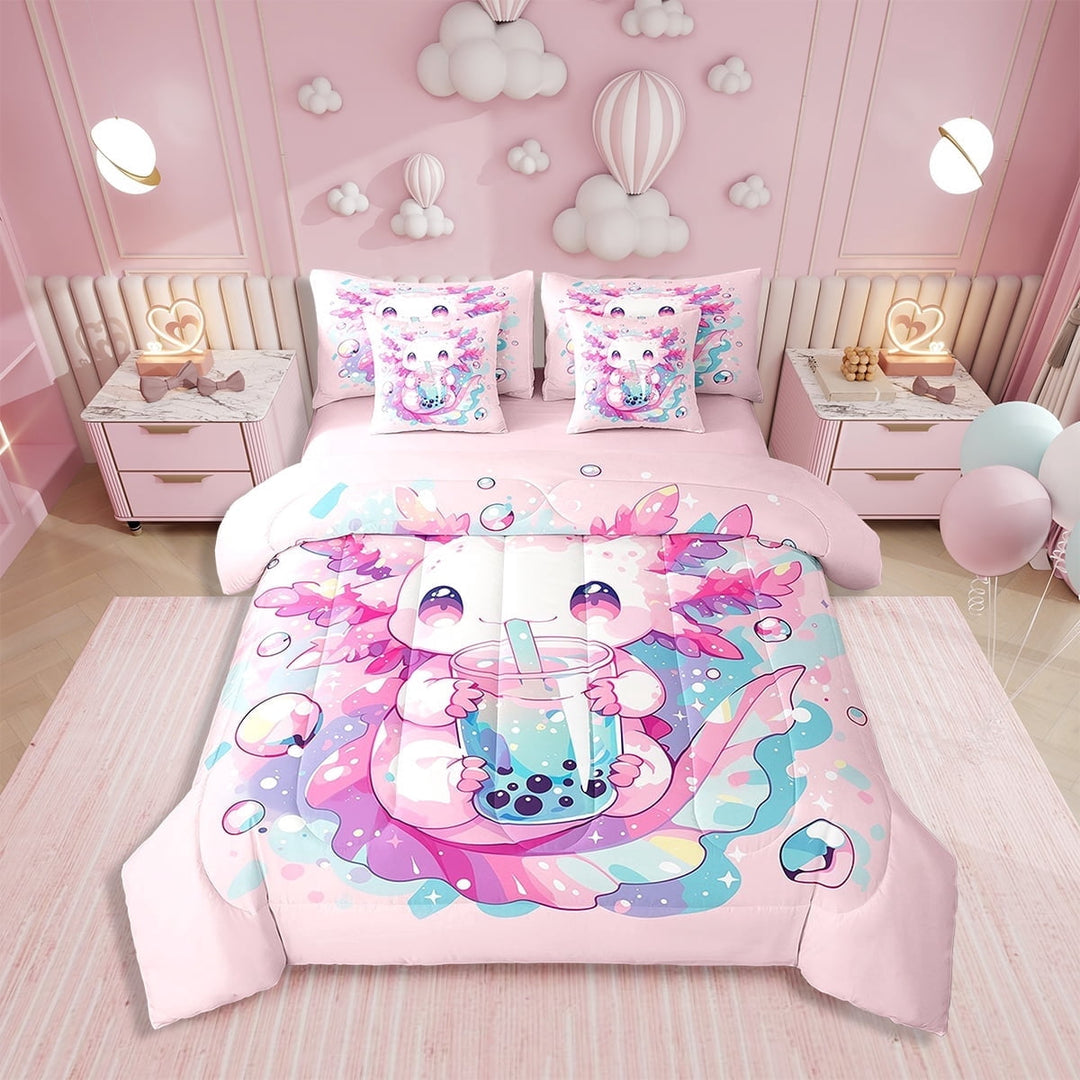 Erosebridal Axolotl Comforter Cute Salamander Pattern Kawaii Bedding Set 7 Pieces Twin Size Sweet Dessert Milk Tea Sheet Set Ocean Beach Coastal Flat Sheet Bedroom Decor,Pink