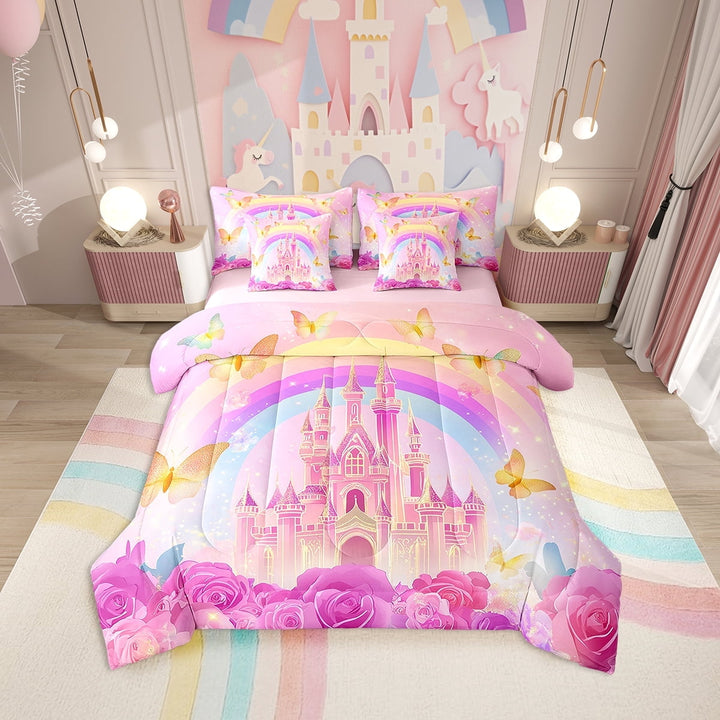 Erosebridal Magic Castle Bed in a Bag Twin size, Butterfly Rose Bed Set, Bling Rainbow Decor, Reversible 7-Piece