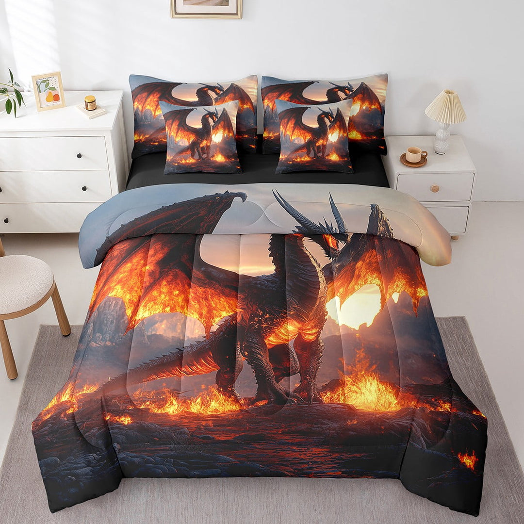 3D Dragon Queen Size Comforter Set Kids Dragon Bedding Comforter Sets, Magic Animal Bed in a Bag 7pcs Magical Wildlife Bedding Set, Pterosaur Dino Bed Set for Teens Adults Bedroom Decoration