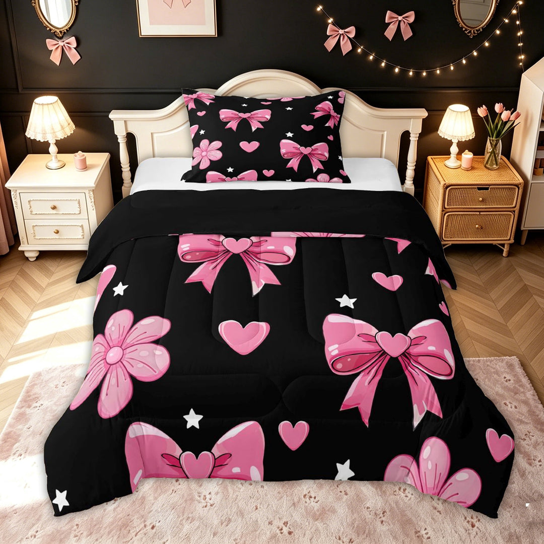 meiyoeat Black Pink Princess Bow Full Size Comforter Sets for Kids Girls, Cute Love Heart Stars Print Bedding Comforter Set, Black Reversible, 3-Piece