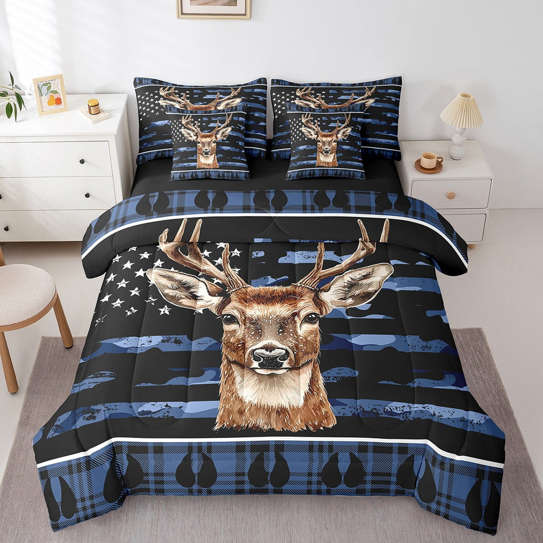Camo Deer Twin Bedding Set 7 Piece Hunting American Flag Comforter Set Blue Camouflage Buffalo Plaid Bed In A Bag Men,Rustic Woodland Wildlife Bed Set Animal Room Decor