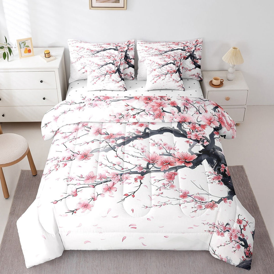 Erosebridal Cherry Blossom Bed in a Bag Full size,Tree Branches Bed Set,Japanese Style Bedding Full Size,Lightweight Sakura Bedroom Decoration,Reversible,7pcs