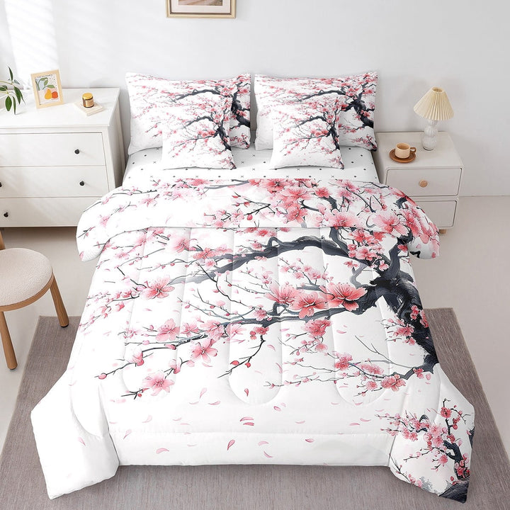 Erosebridal Cherry Blossom Bed in a Bag Full size,Tree Branches Bed Set,Japanese Style Bedding Full Size,Lightweight Sakura Bedroom Decoration,Reversible,7pcs