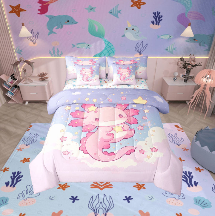Erosebridal 3D Axolotl Bedding Sets Twin Size, Watercolor Artwork Comforter Sets with Sheets, Cute Animal Reversible Bed Set, Lightweight Room Decorative, 7pcs