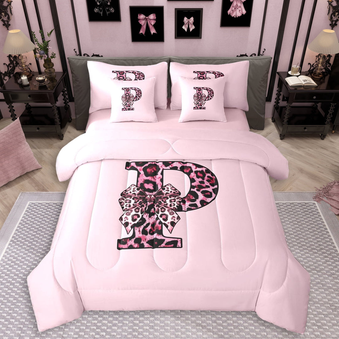Erosebridal Cheetah Print P Personalized Initial Twin Bedding Sets 7-Piece For Teens,Girls Vintage Leopard Print Bowknot Bedding Comforter Set,Pink Reversible