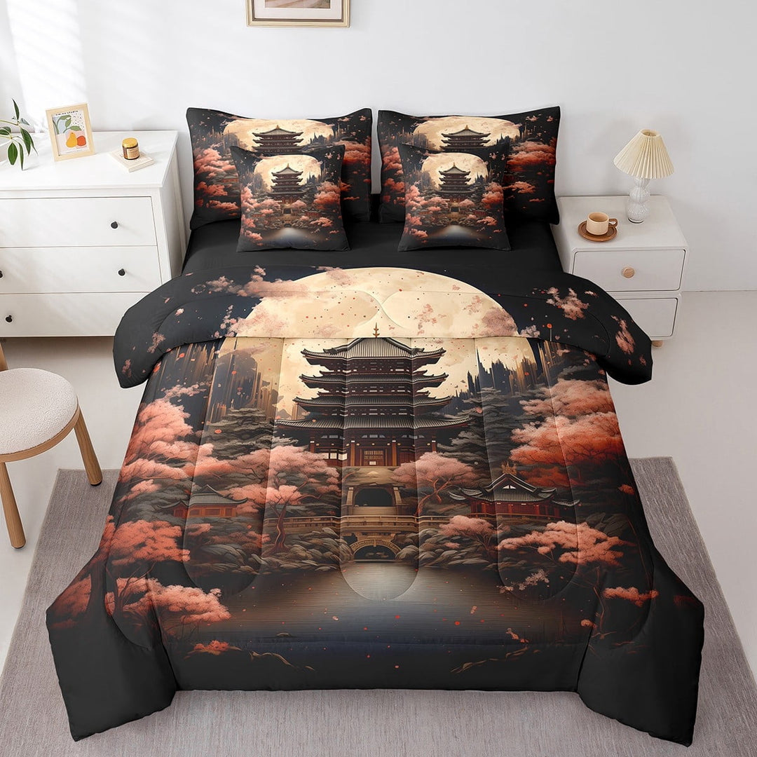 Ancient Palace Bed in a Bag Twin Size,Oriental Japanese Ukiyo-E Style Comforter Set 7 Pieces,Sakura Tree Branches Flower Floral Bedding Sets,Cherry Blossom Sheet Set with Comforter