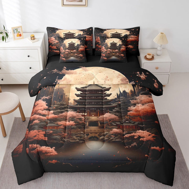 Ancient Palace Bed in a Bag Twin Size,Oriental Japanese Ukiyo-E Style Comforter Set 7 Pieces,Sakura Tree Branches Flower Floral Bedding Sets,Cherry Blossom Sheet Set with Comforter