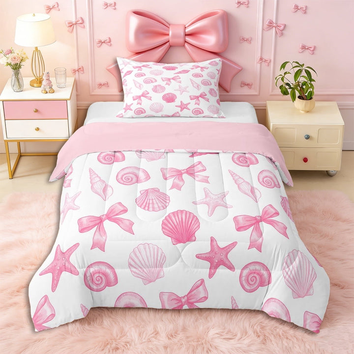 Erosebridal Sea Starfish Bow Knot Twin Comforter Sets 3-Piece for Girls,Ocean Theme Princess Bow Bedding Set for Teens Adults,Pink Reversible,Super Cozy Room Decor