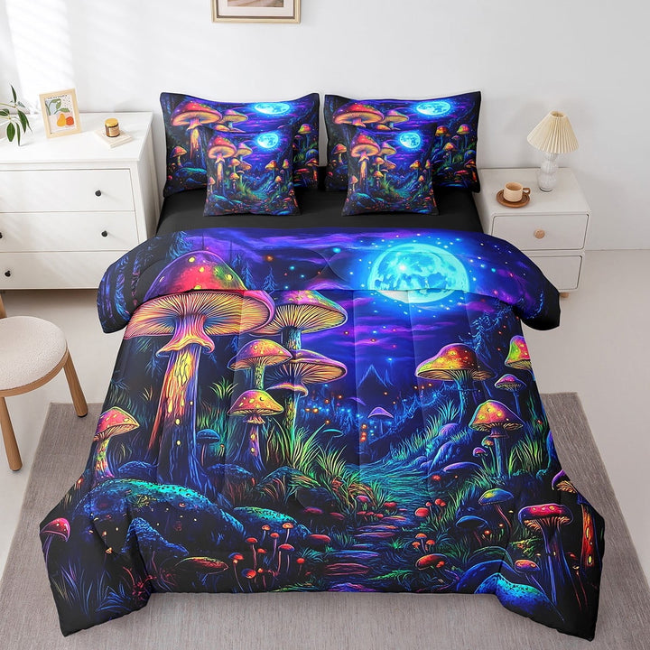 Erosebridal Gradient Mushroom Bedding Queen Size, Botanical Plants Comforter Sets with Sheets, Magical Jungle Duvet Set, Ultra Soft Bedroom Decoration, Reversible 7-Piece